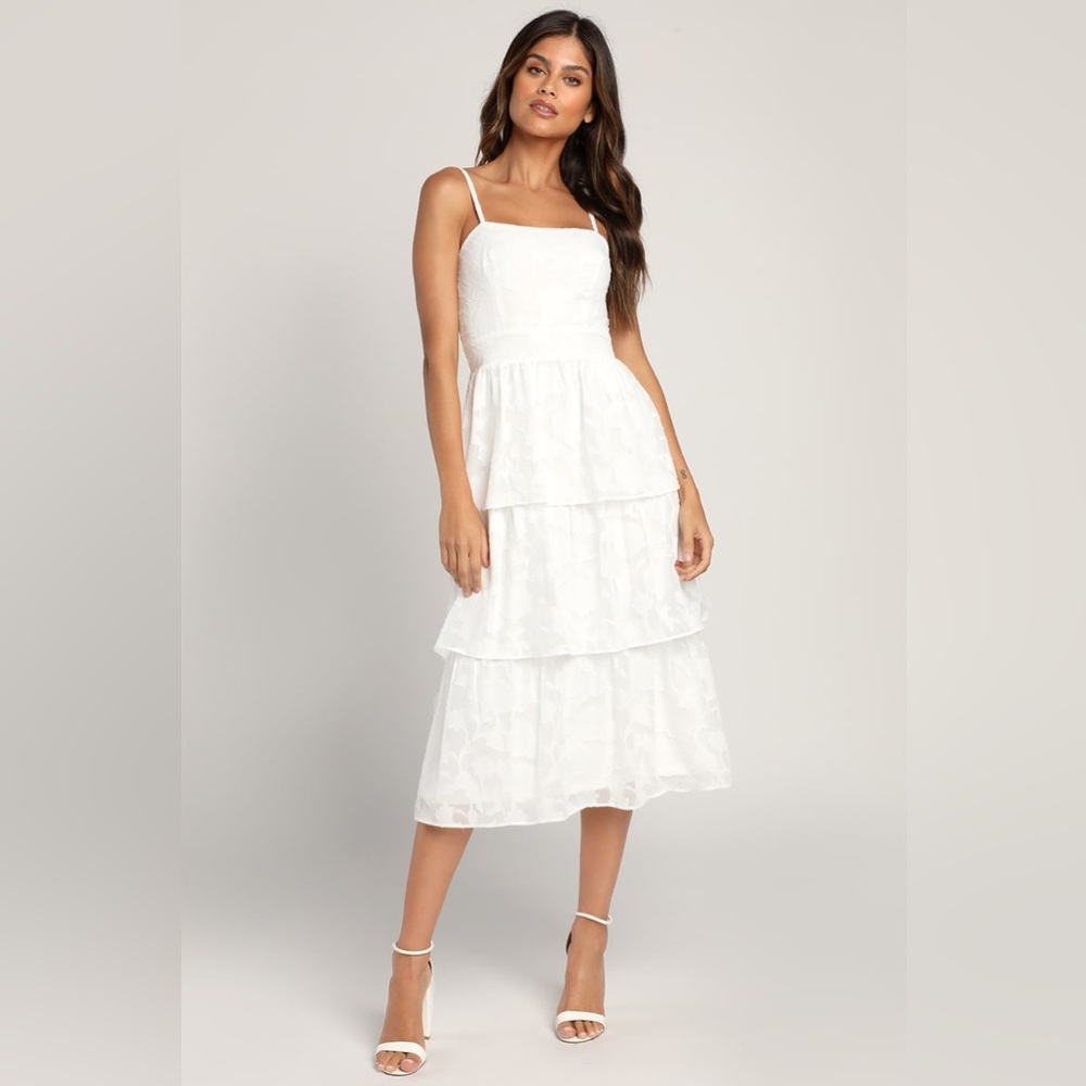 Lulu’s Grace and Beauty White Burnout Floral Print Tiered Dress